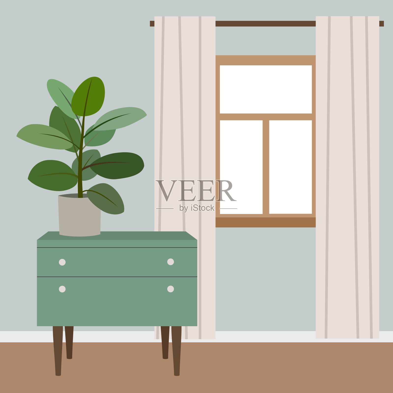 客厅内部有五斗橱和窗户。插画图片素材