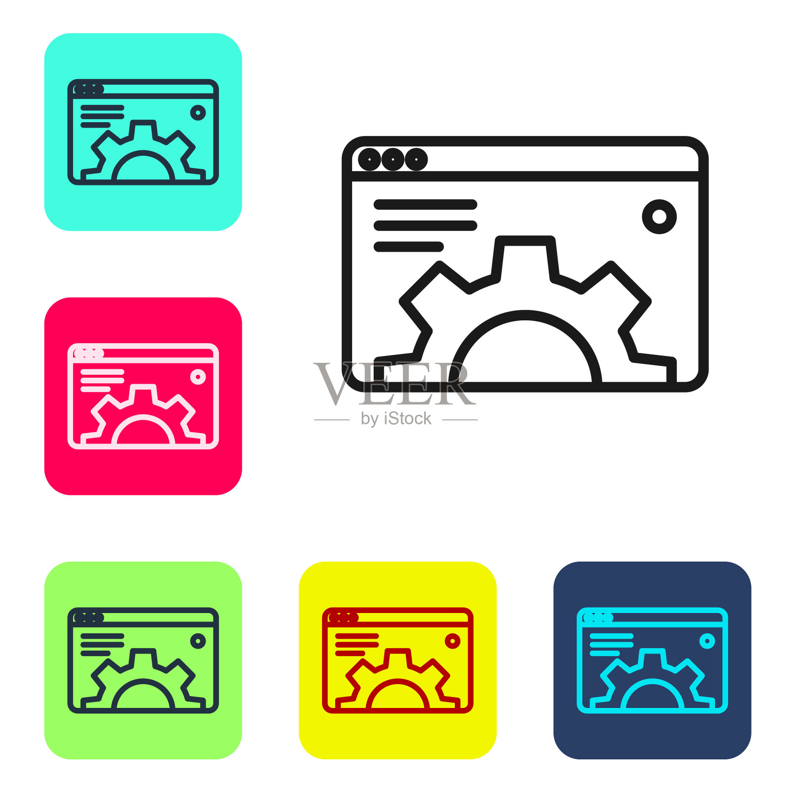 黑线浏览器设置图标隔离在白色背景上。调整，服务，维护，修理，固定。设置图标为彩色方框按钮。向量图标素材