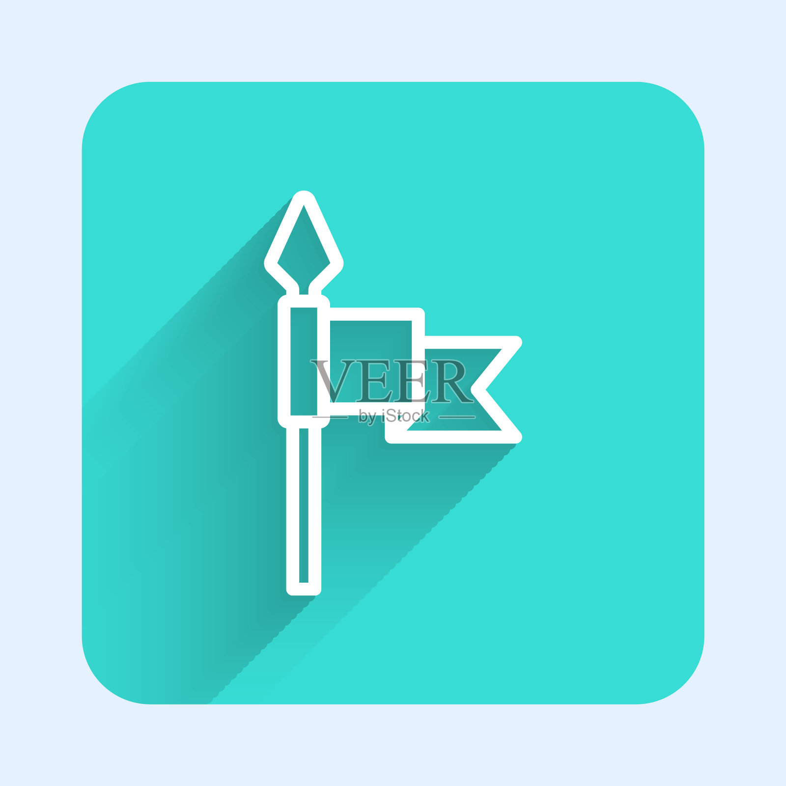 白色线中世纪的矛图标孤立与长影子。中世纪的武器。绿色广场按钮。向量图标素材