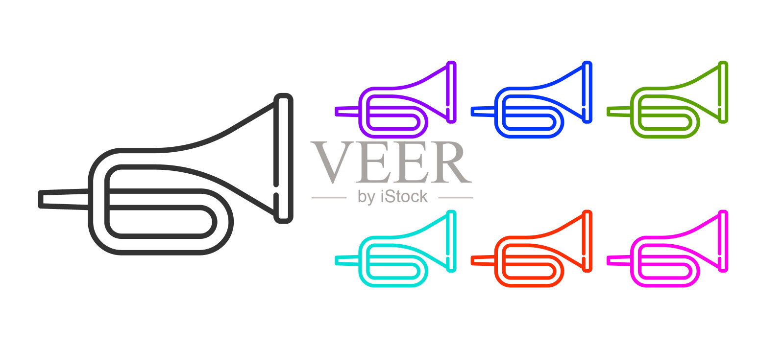 黑线乐器喇叭图标孤立在白色背景上。设置图标丰富多彩。向量图标素材