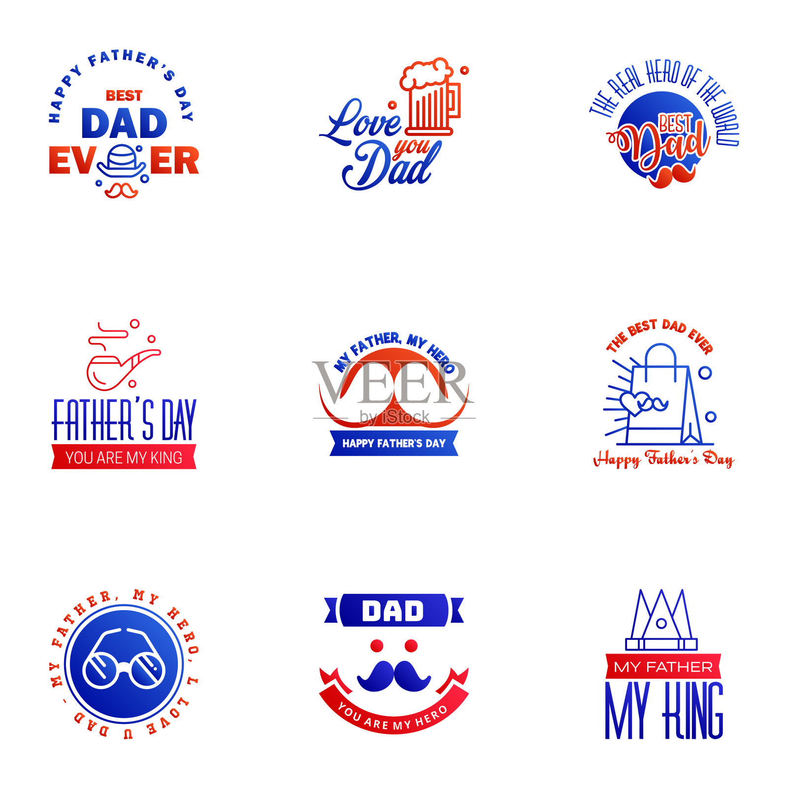 祝父亲节快乐，手字9蓝色和红色插画图片素材