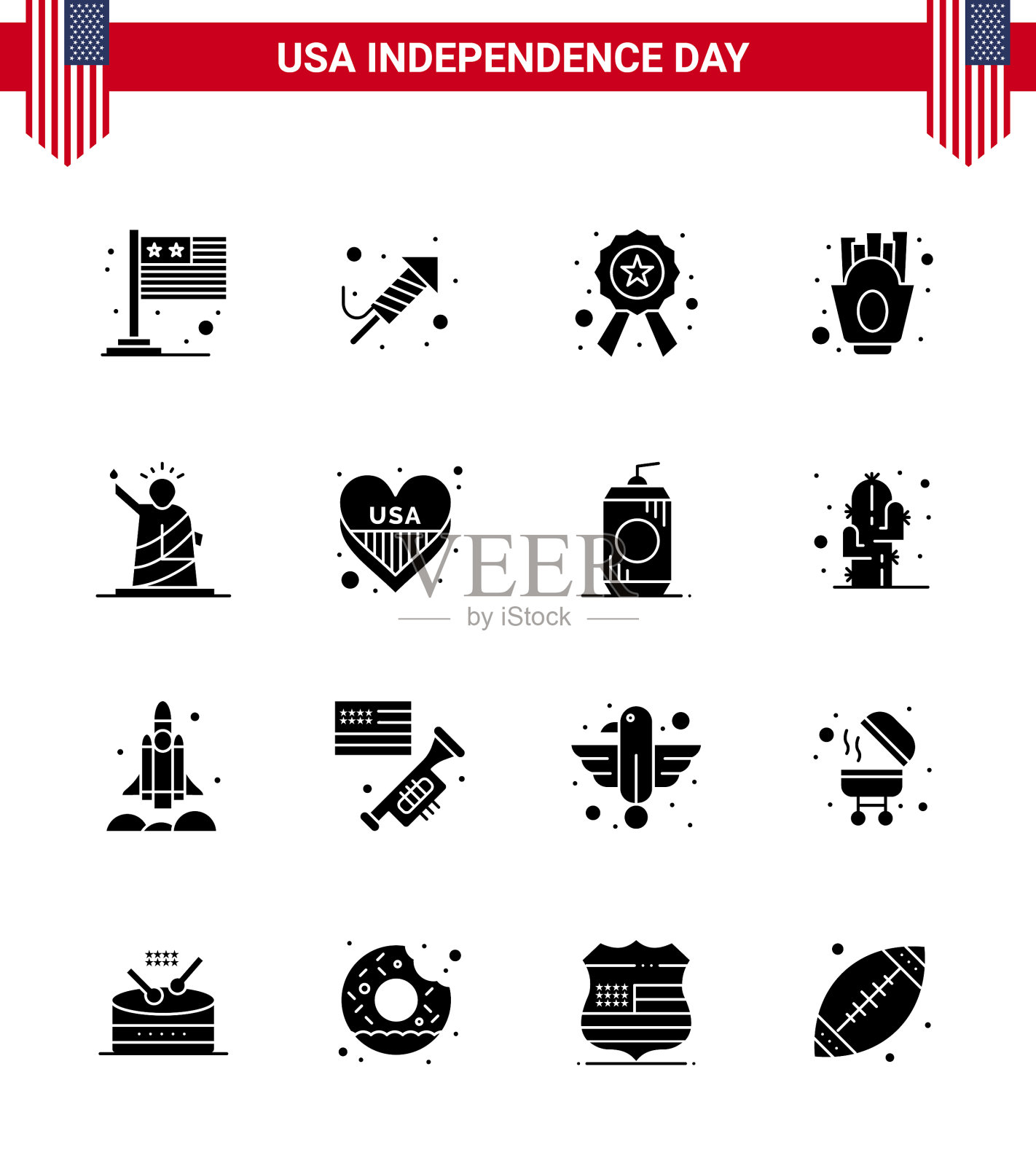美国独立日实心字形设置16个美国插画图片素材