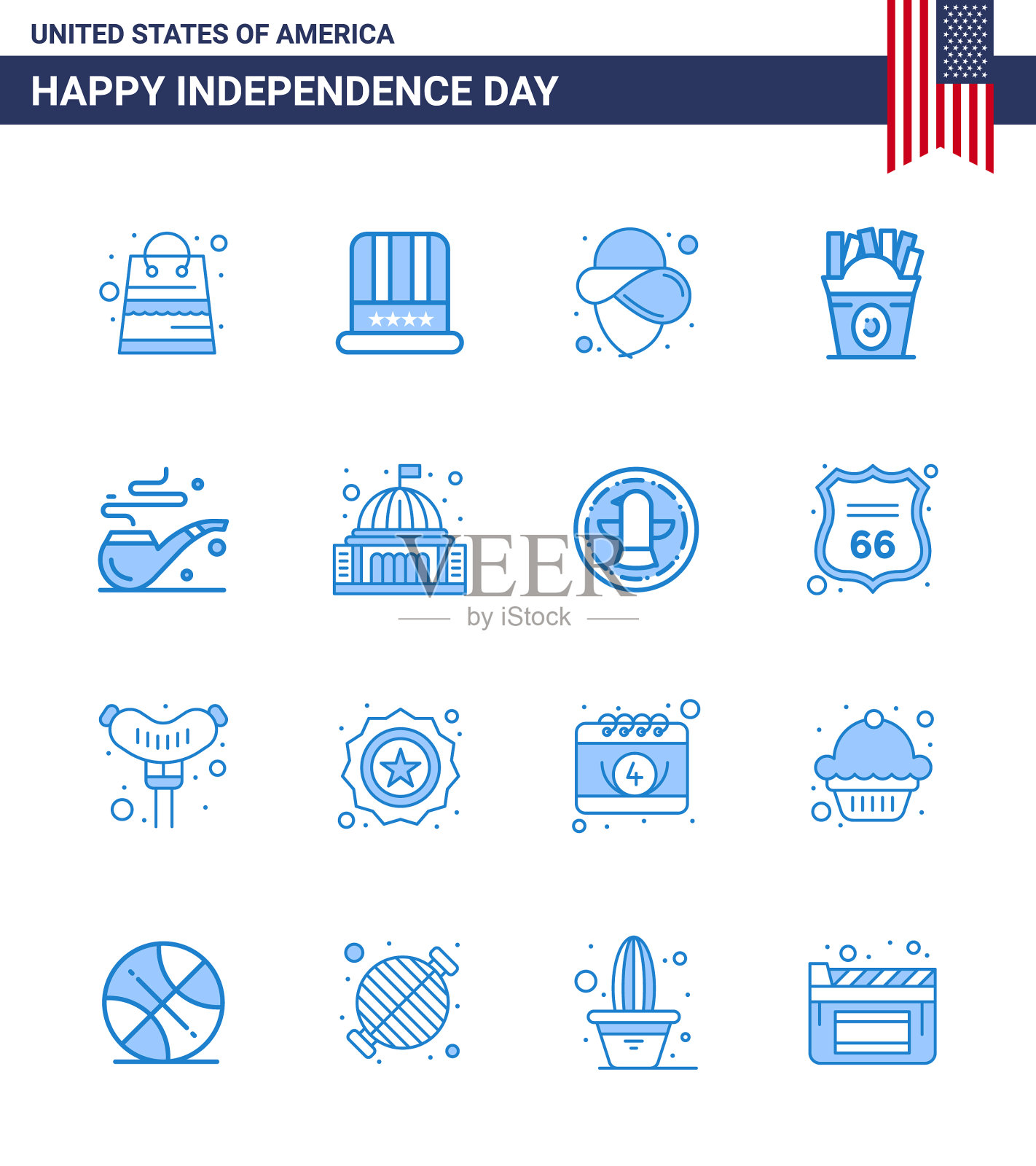 设置16个美国日图标美国标志插画图片素材