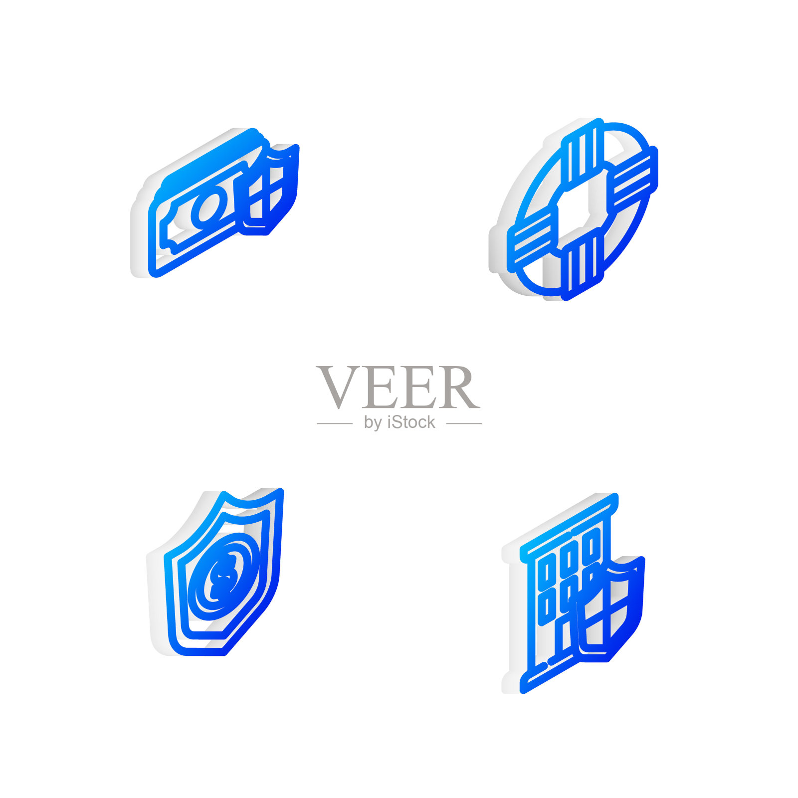 设置等距线救生圈，金钱与盾牌，盾美元和房子图标。向量图标素材