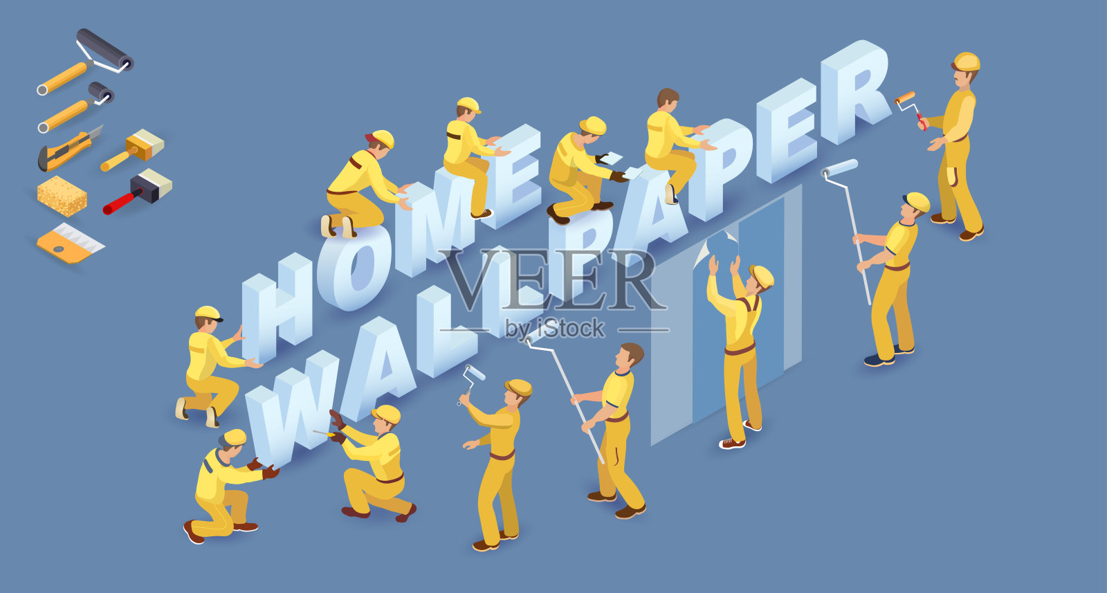 工人安装等距字母。话说国内壁纸。矢量插图。插画图片素材