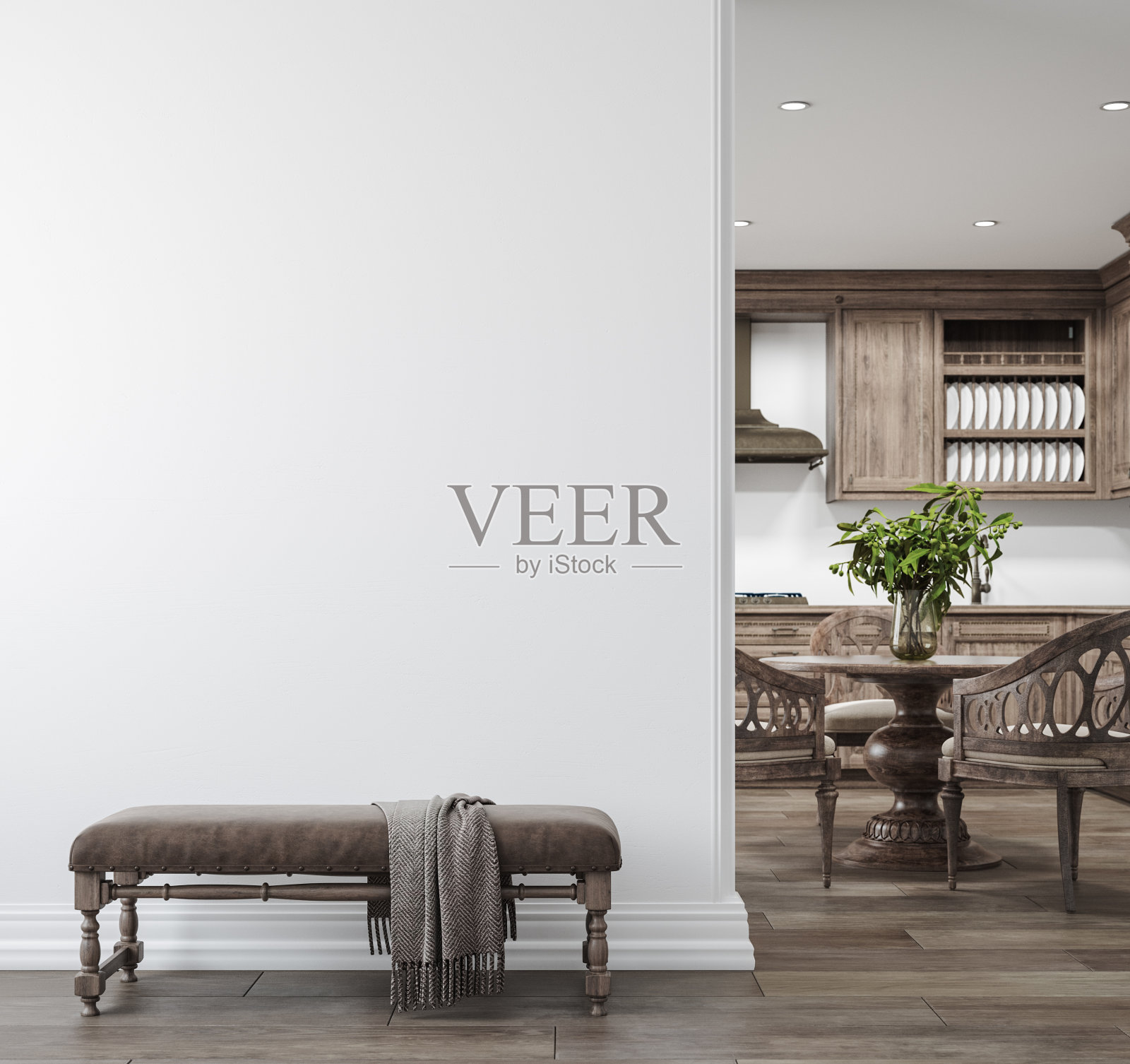 明亮的农家客厅内部与深色木制家具，墙模型照片摄影图片