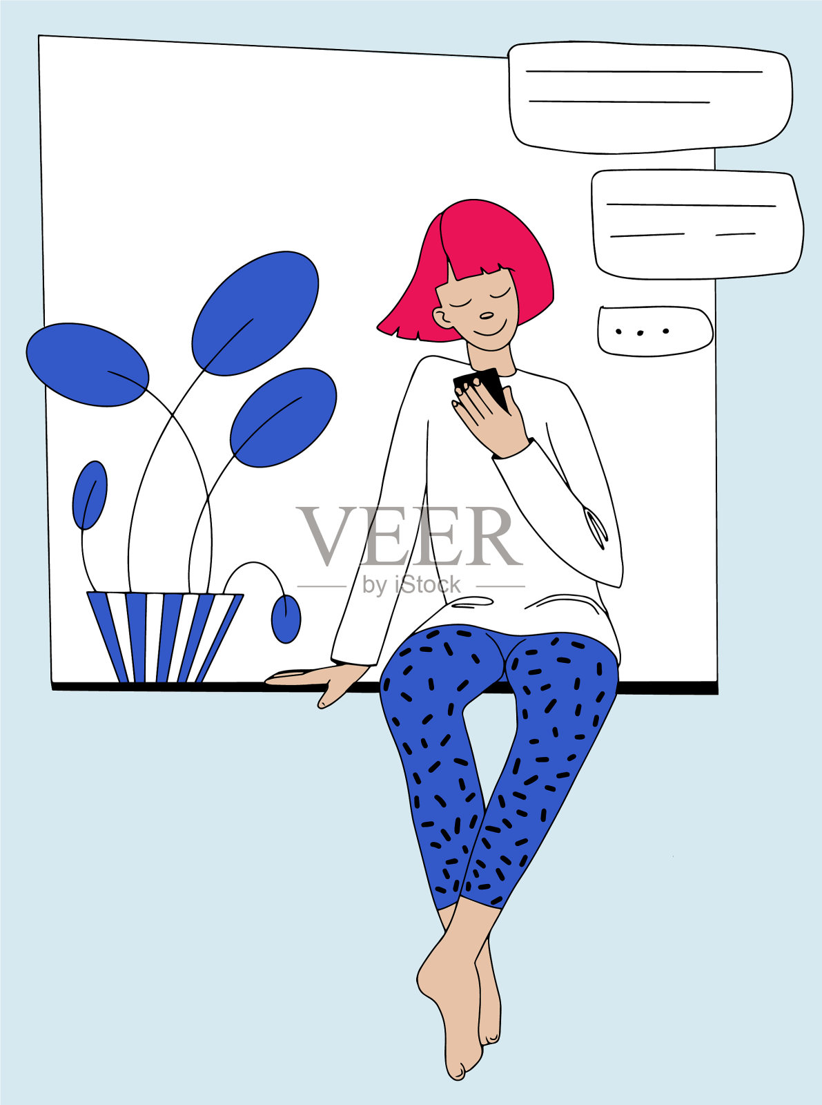 少女手里拿着手机聊天插画图片素材