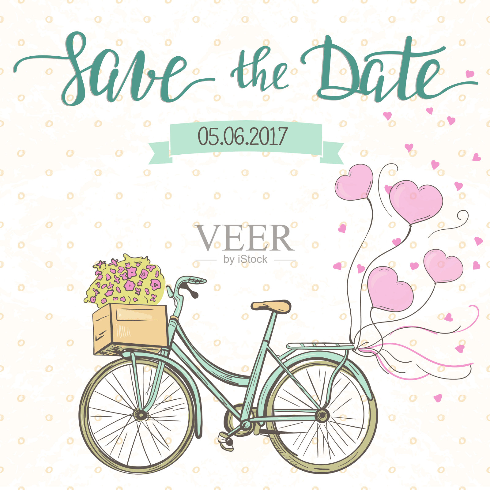 婚礼邀请模板与可爱的自行车插画图片素材