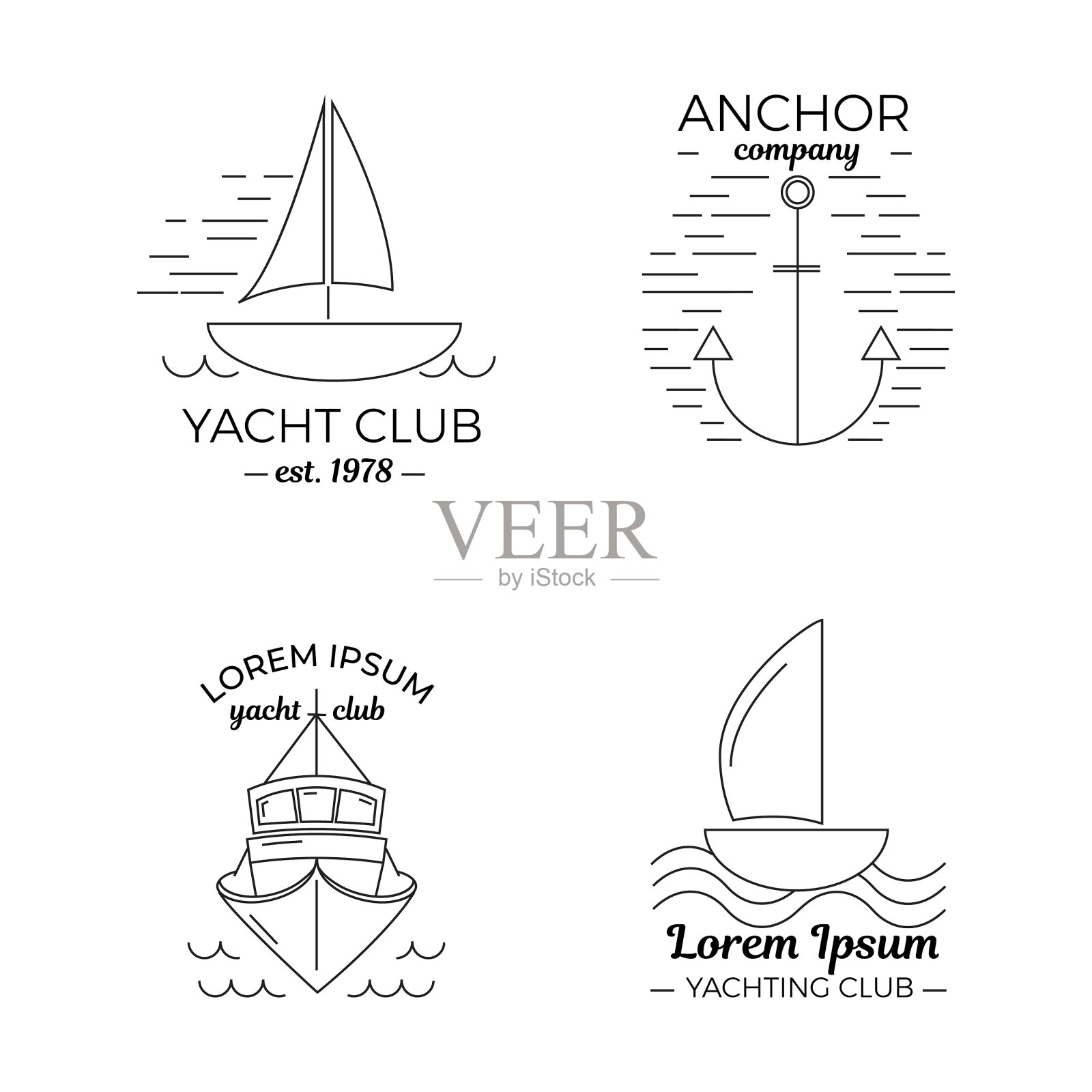 在细线风格中设置四个游艇俱乐部标志图标素材