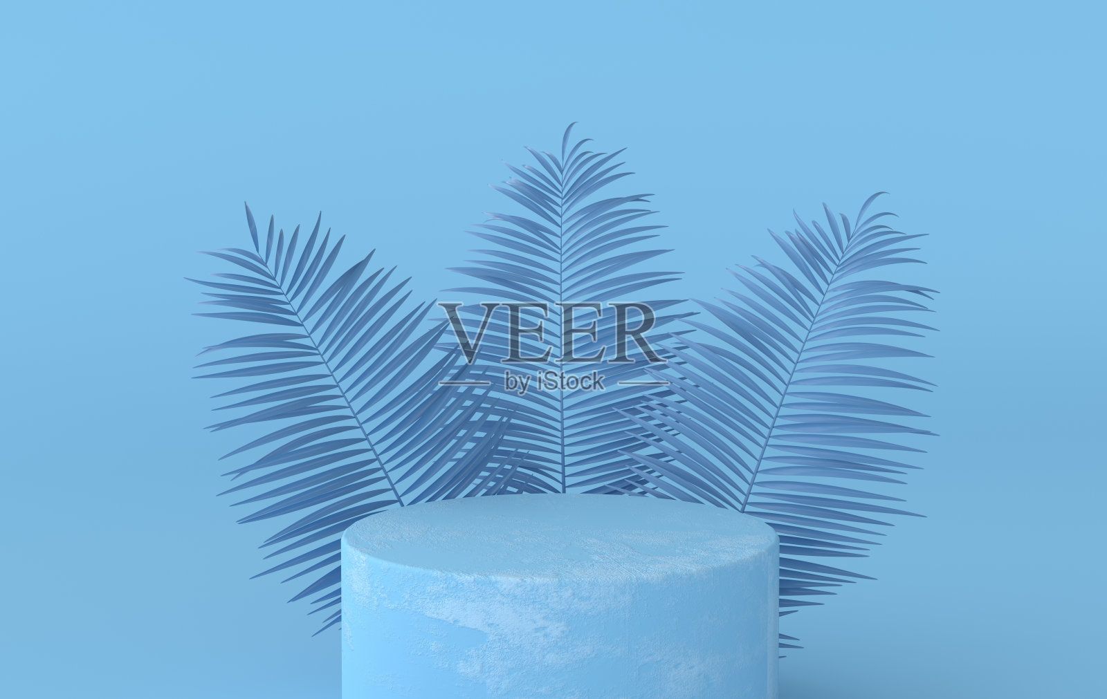 3d渲染工作室与几何形状，讲台在地板上。产品展示平台，模拟背景。热带棕榈叶的抽象构图，极简设计照片摄影图片