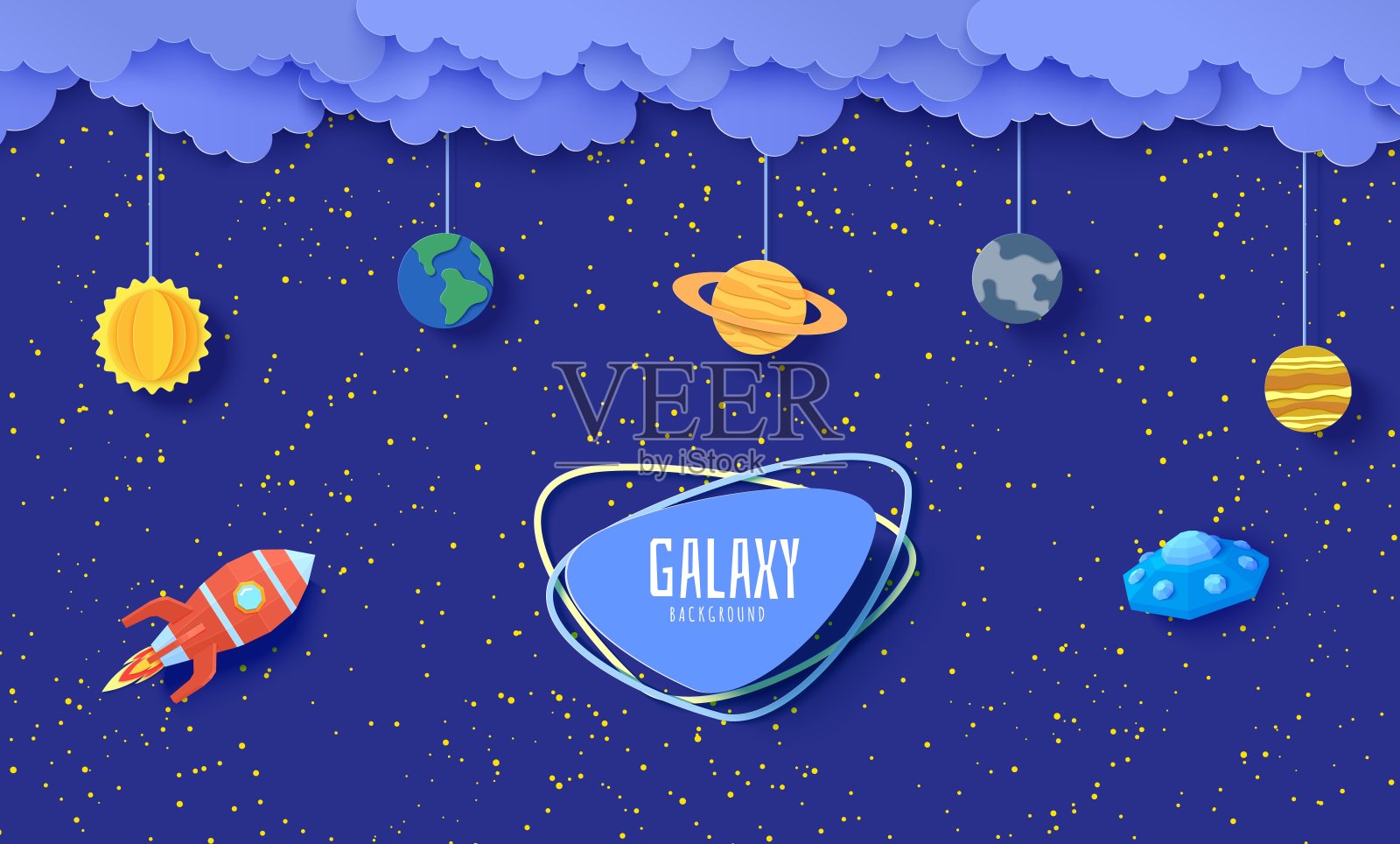 剪纸风格的太阳系模型。卡通行星，红色的多边形火箭和折纸UFO。三维矢量背景与飞碟在星空。儿童纸工艺品银河插图插画图片素材