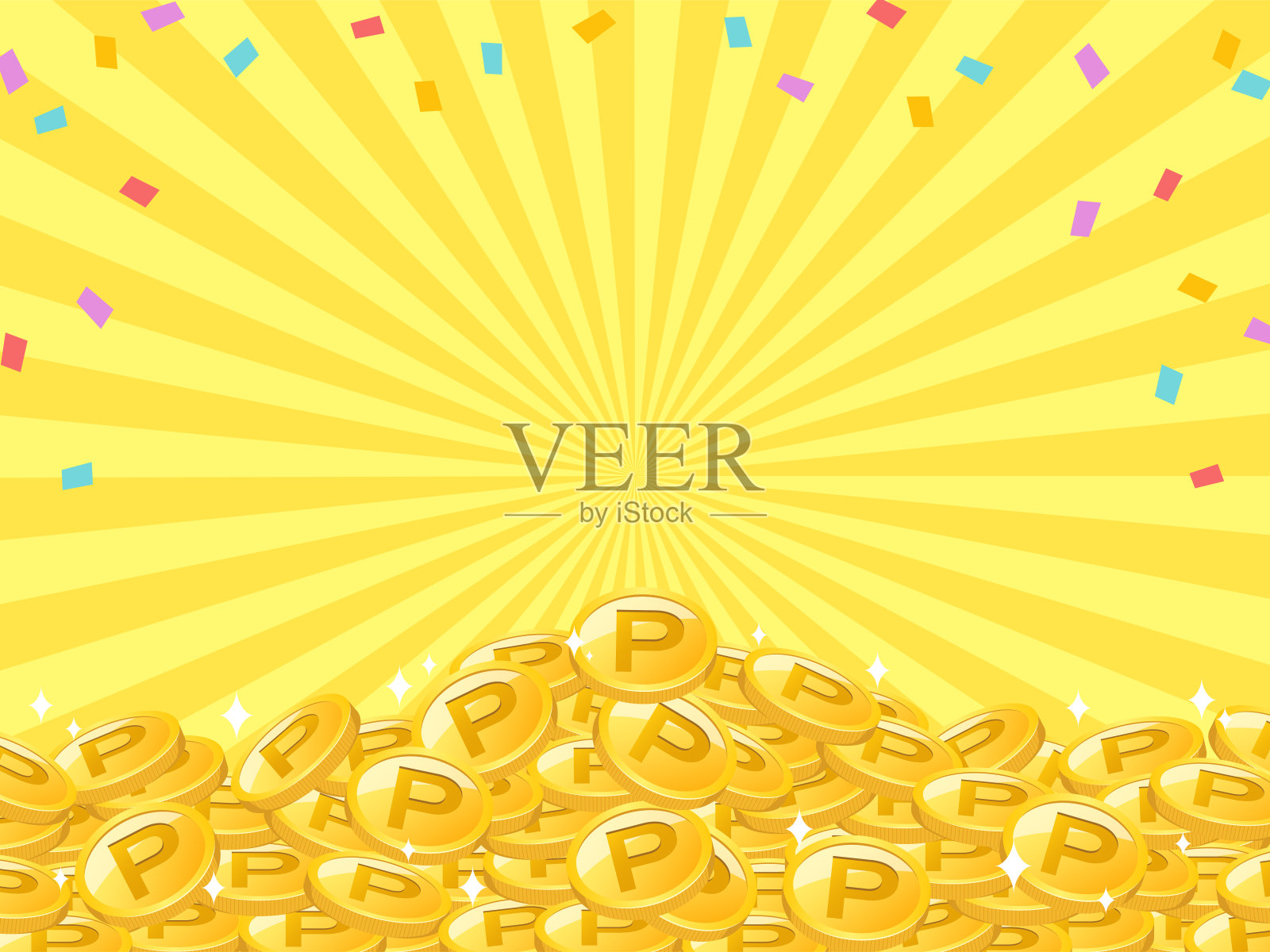 画框背景，黄色集中线条的背景上，五彩缤纷的五彩纸屑和许多金币堆积如山。插画图片素材