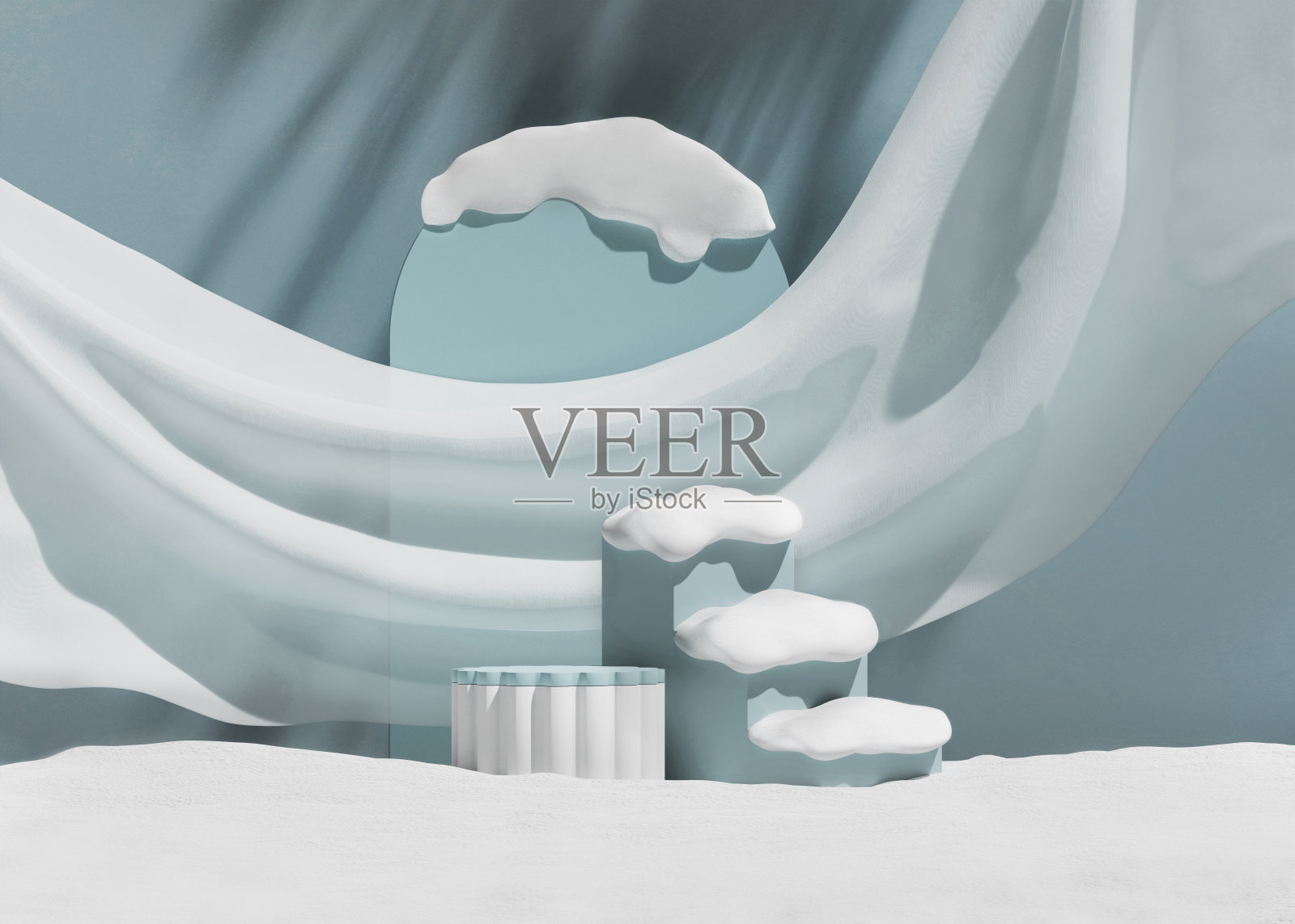 3D讲台显示，淡蓝色背景。圣诞节，冬天有雪的景象。装饰艺术步骤和几何形状。微雪，美容产品呈现。工作室，抽象广告3D渲染照片摄影图片