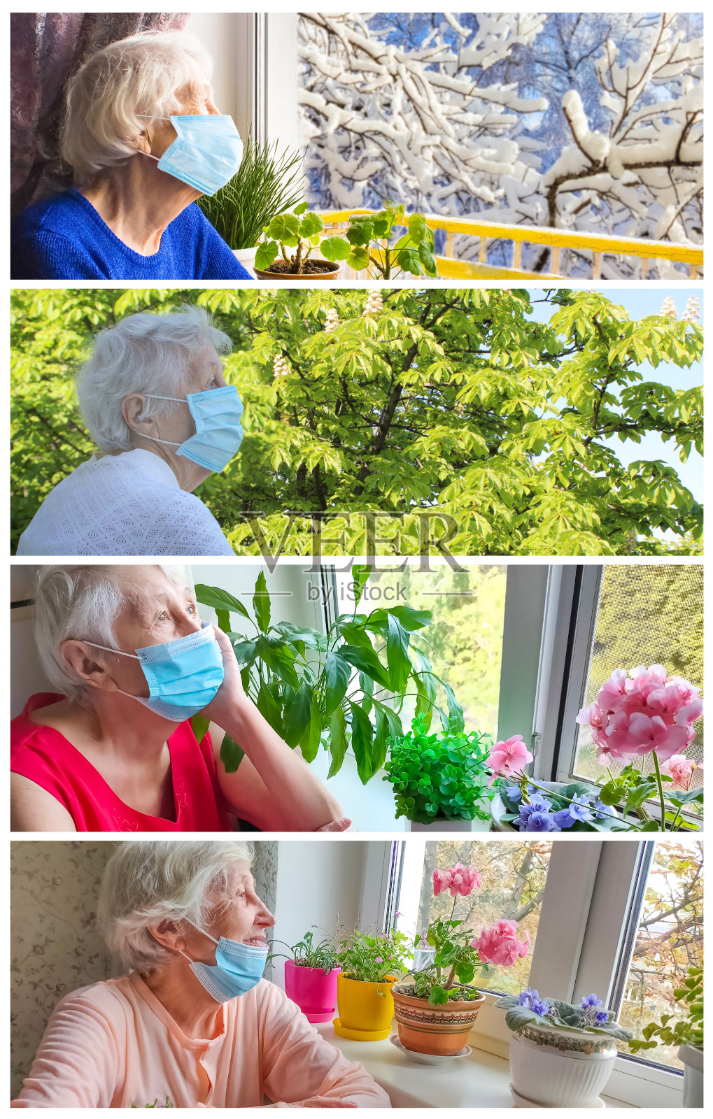 2019冠状病毒病、健康、安全和大流行概念——坐在窗边的孤独老年妇女照片摄影图片