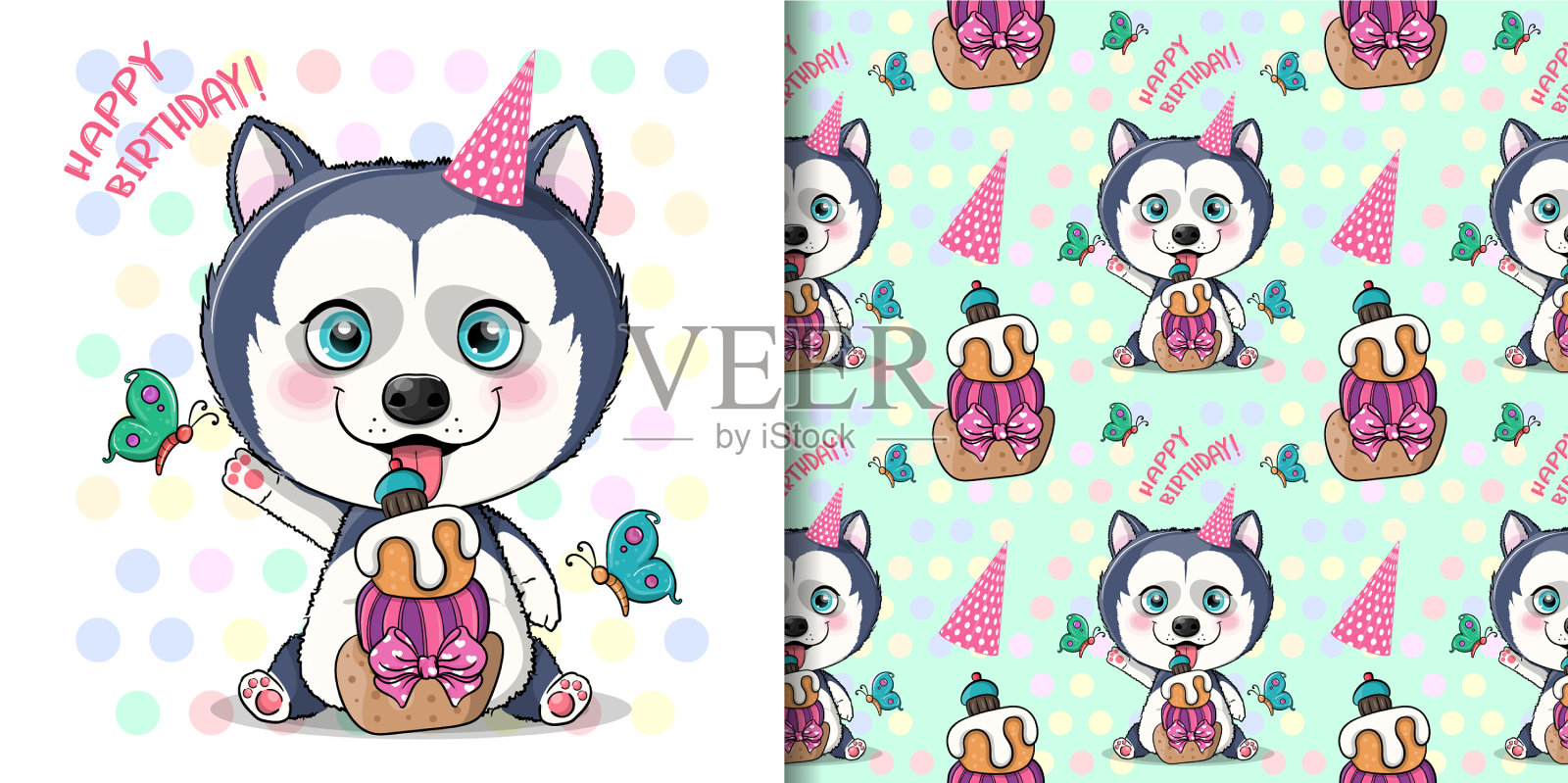 可爱的卡通哈士奇狗与生日蛋糕插画图片素材