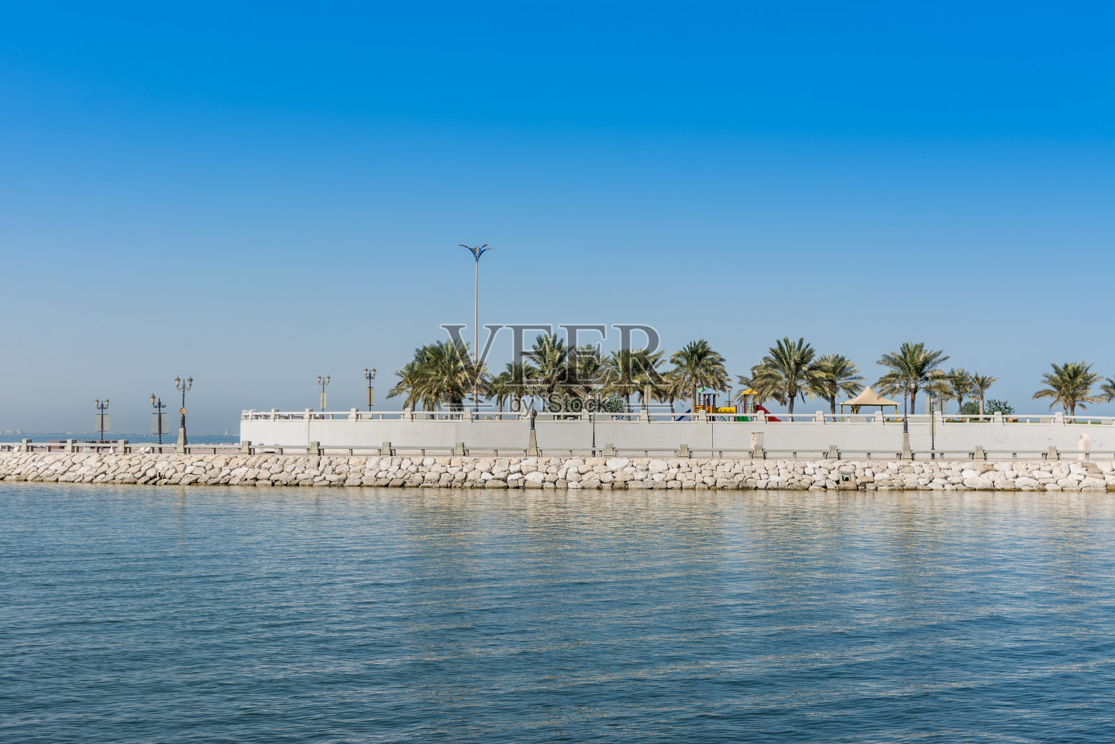 沙特达曼滨海公园的蓝色大海和绿色海枣树照片摄影图片