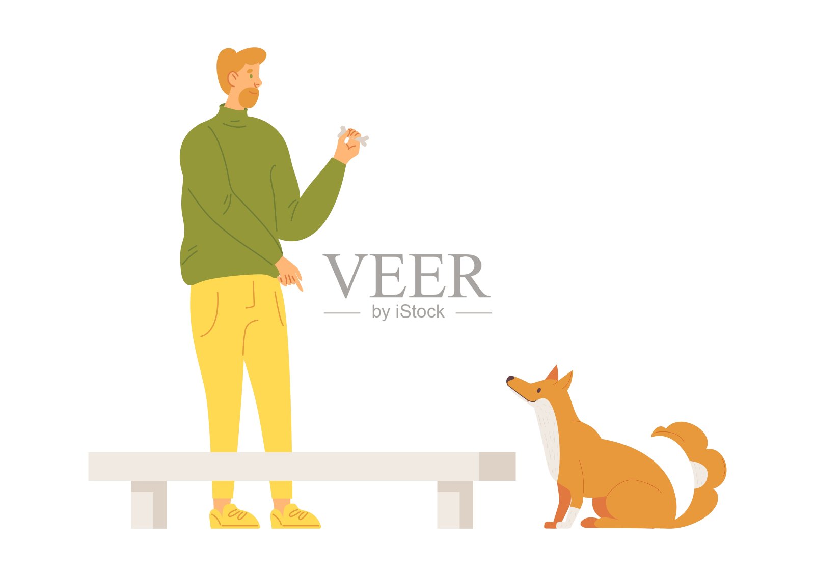 一个人在训练他的狗用遛狗设备走路。卡通人物孤立在白色上插画图片素材