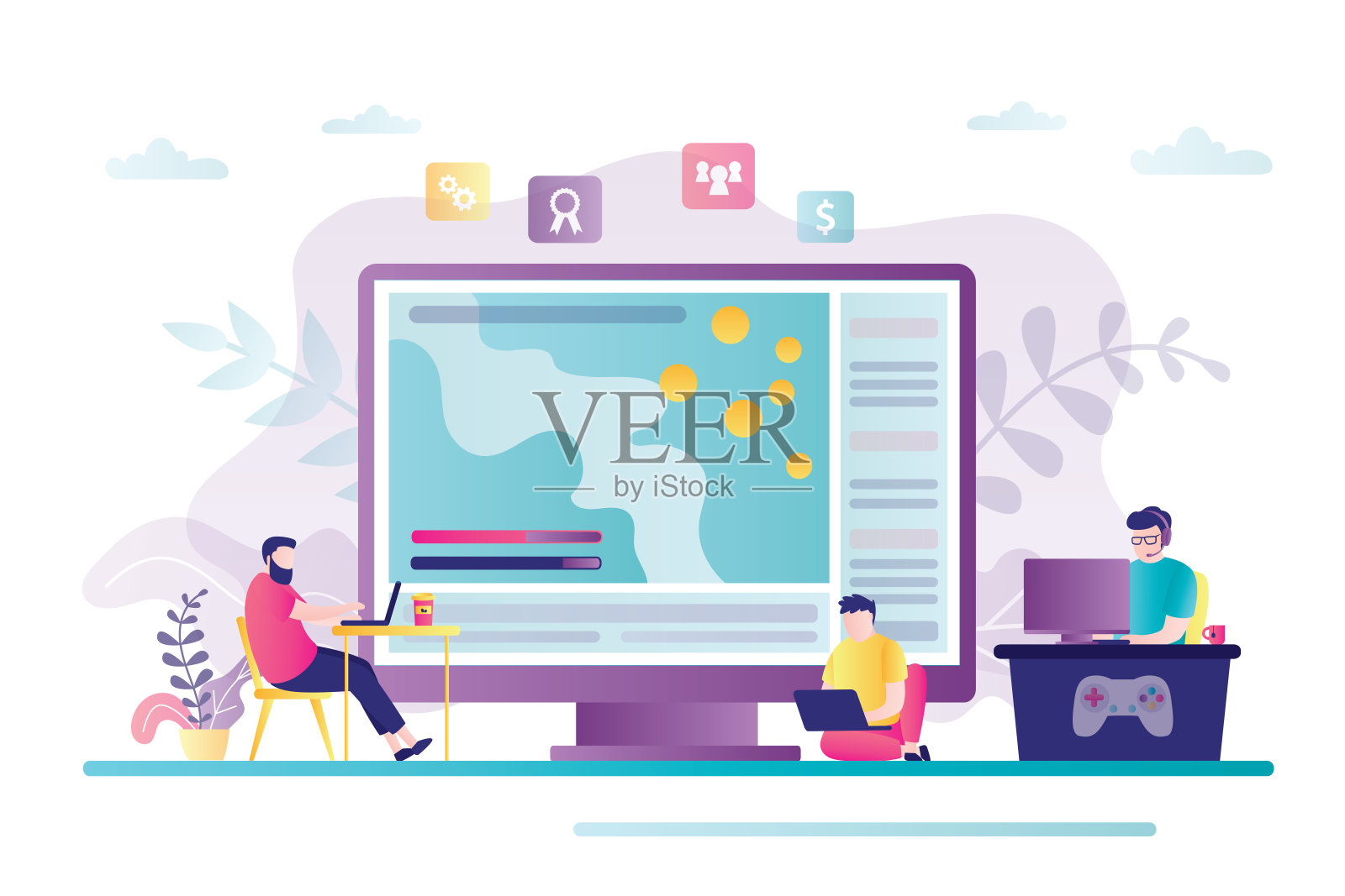 游戏流在显示器上显示。男性观众正在观看和评论比赛的过程。网络体育流插画图片素材