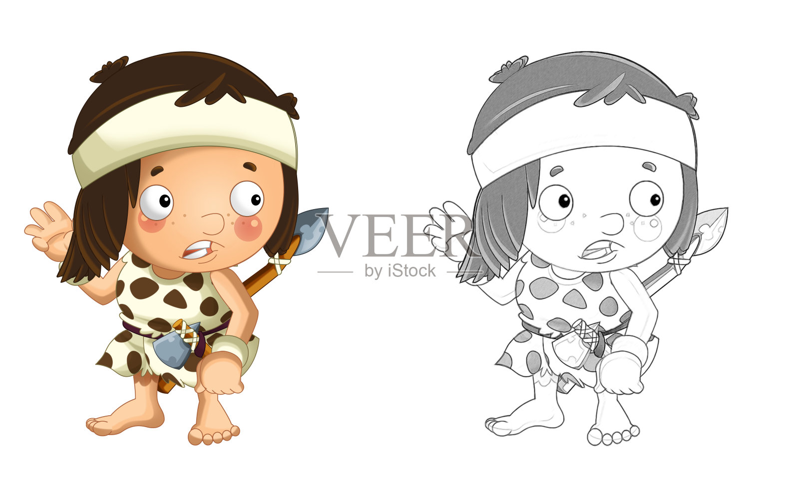 卡通素描场景与快乐的穴居人野蛮战士猎人渔夫插图插画图片素材