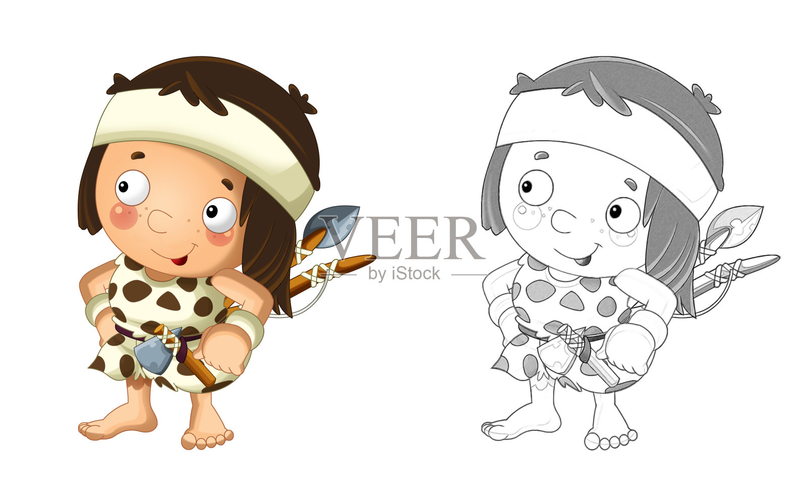 卡通素描场景与快乐的穴居人野蛮战士猎人渔夫插图插画图片素材