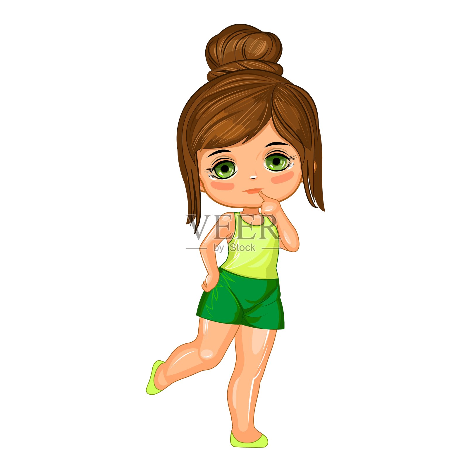 一个穿着短裤和t恤的可爱小女孩。快乐有趣的孩子心情很好。白色背景上的孤立物体。年轻的孩子。卡通平面风格。向量设计元素图片