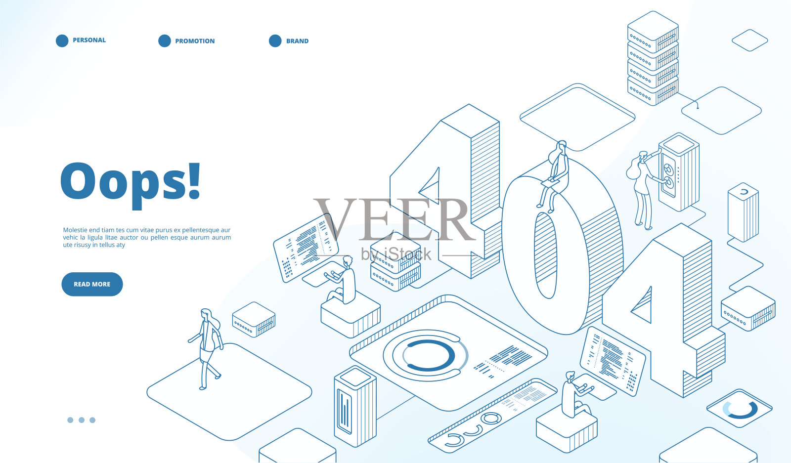 404年等距页面。不工作错误，丢失数据或未发现404问题，断开标志。着陆页矢量线3d设计插画图片素材