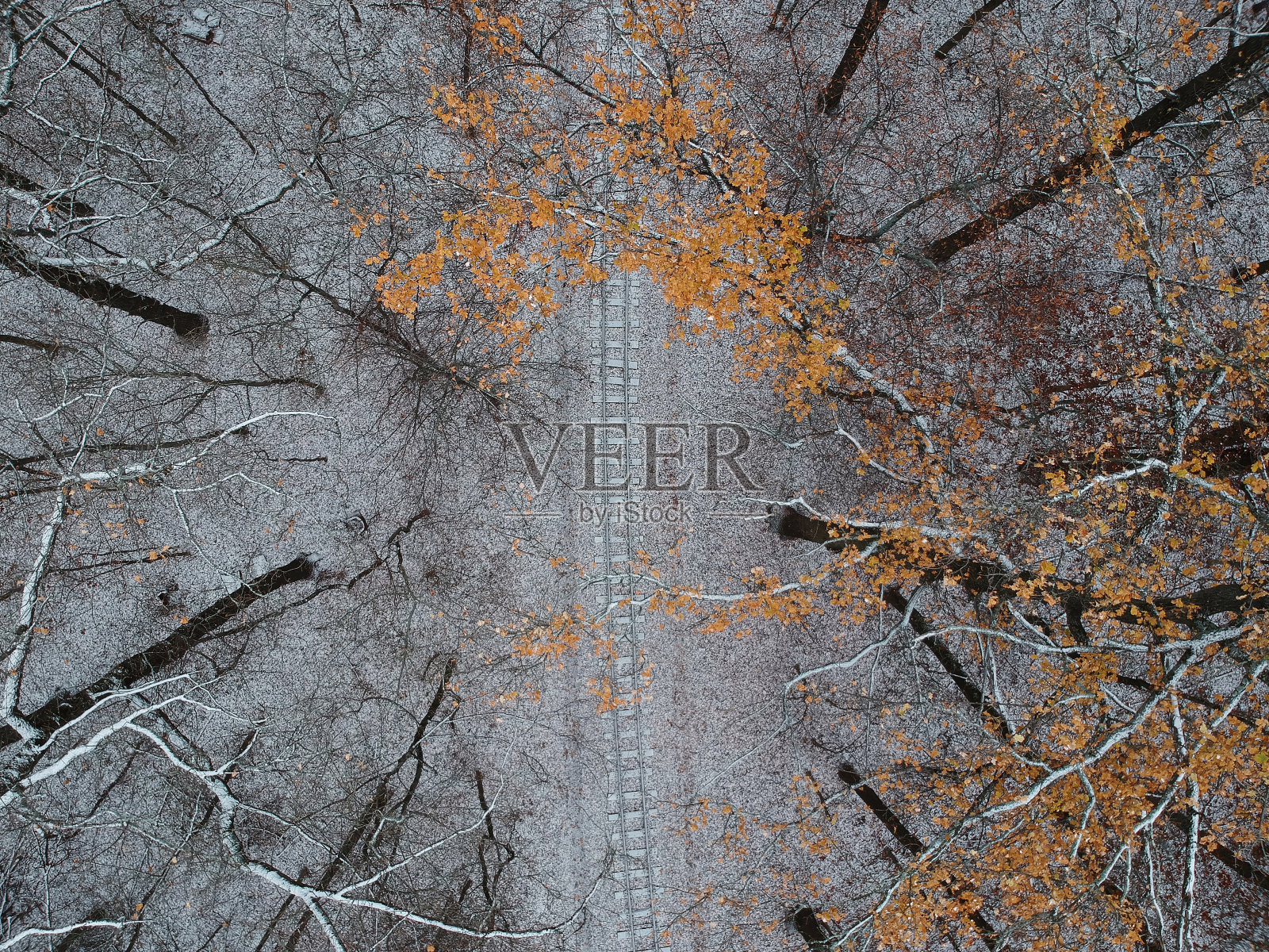 冬季森林中铁路的鸟瞰图照片摄影图片