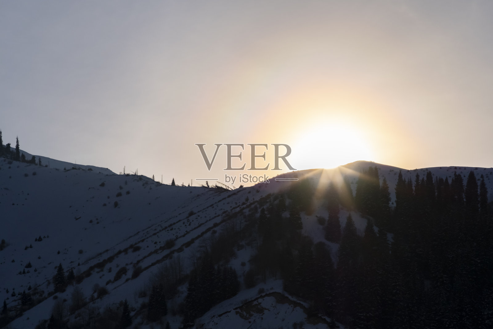 冬天的山上覆盖着雪景。天山的冬天。照片摄影图片