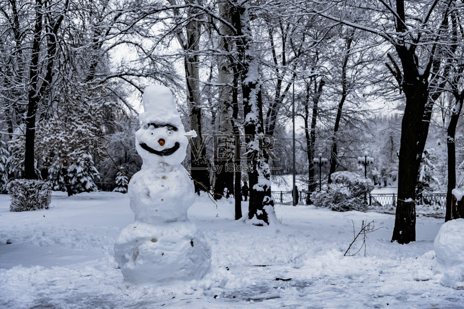 冬天公园里的雪人。冬天有趣的户外活动。新年的庆祝活动。冬天下雪的森林景象。圣诞圣诞新年假期背景。照片摄影图片