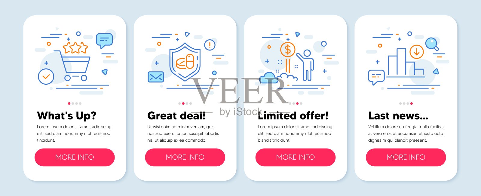 一套商业图标，如购物评级，医疗平板电脑，收入金钱符号。向量插画图片素材