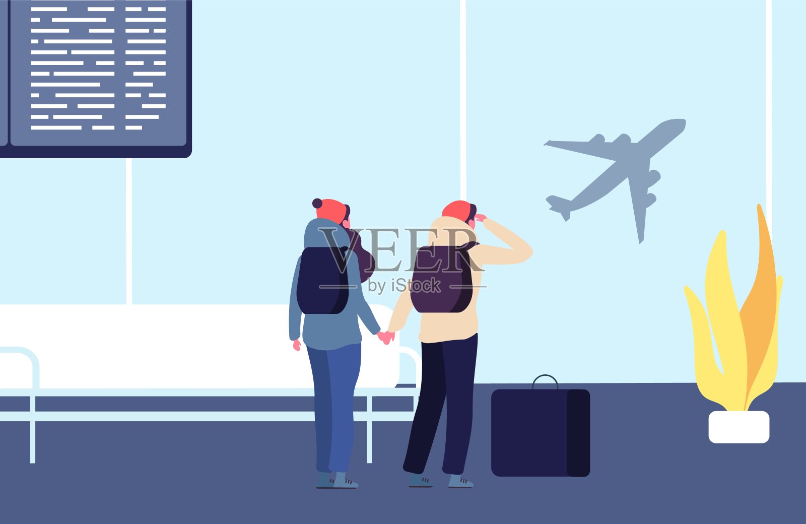 赶不上飞机。乘客和飞走的平面矢量图插画图片素材