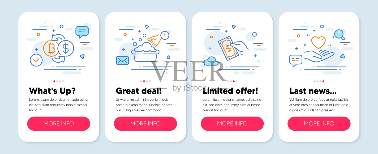 一套商业图标，如比特币交换，支付金钱，洗手符号。保持心线图标。向量插画图片素材