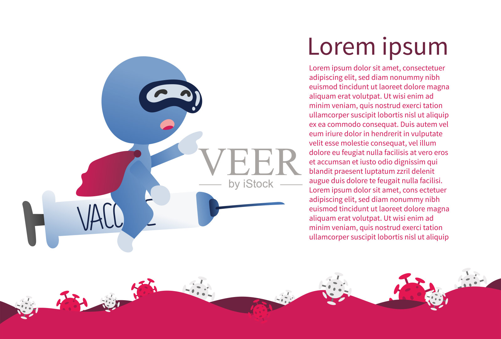 卡通实验室的人骑上疫苗与病毒和空间文字，绘图，载体，插图插画图片素材