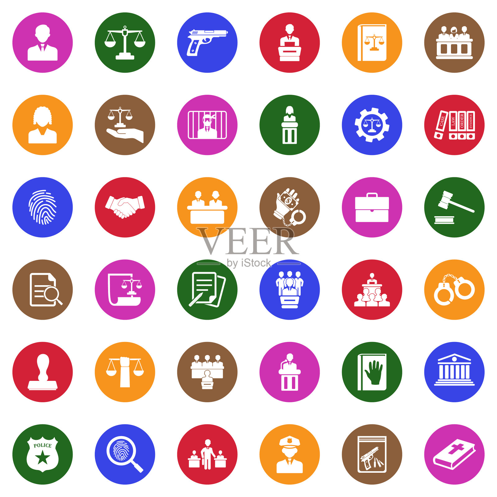 法律的图标。圆形的白色平面设计。矢量插图。图标素材