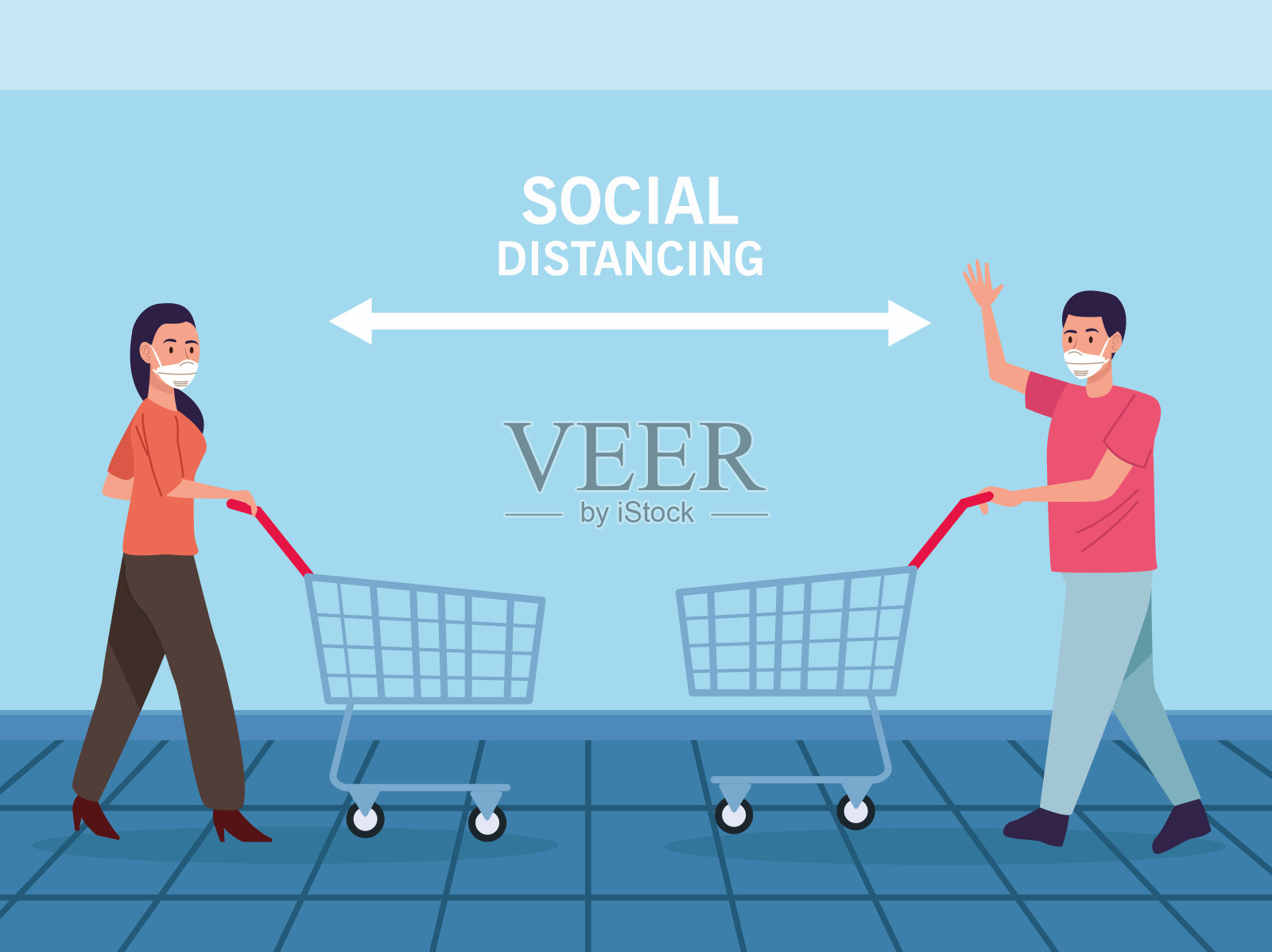 在超市里戴着医用口罩的夫妻插画图片素材