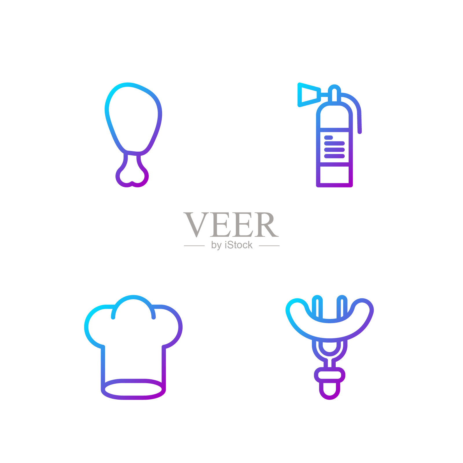 在叉子上放香肠，厨师帽，鸡腿和灭火器。渐变颜色图标。向量图标素材