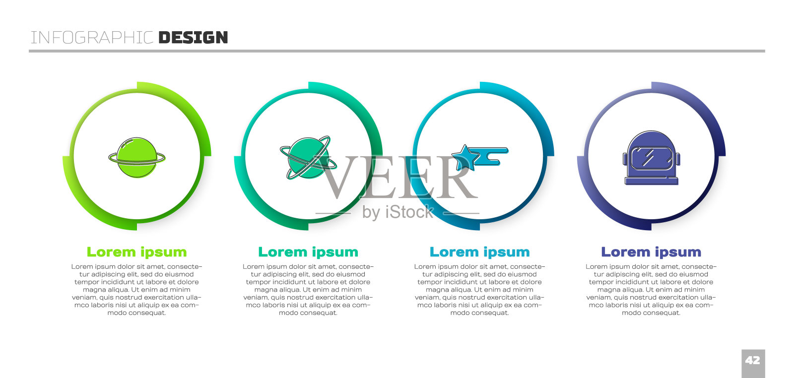 设定行星土星，卫星绕行星运行，陨星和宇航员头盔。业务信息模板。向量设计模板素材