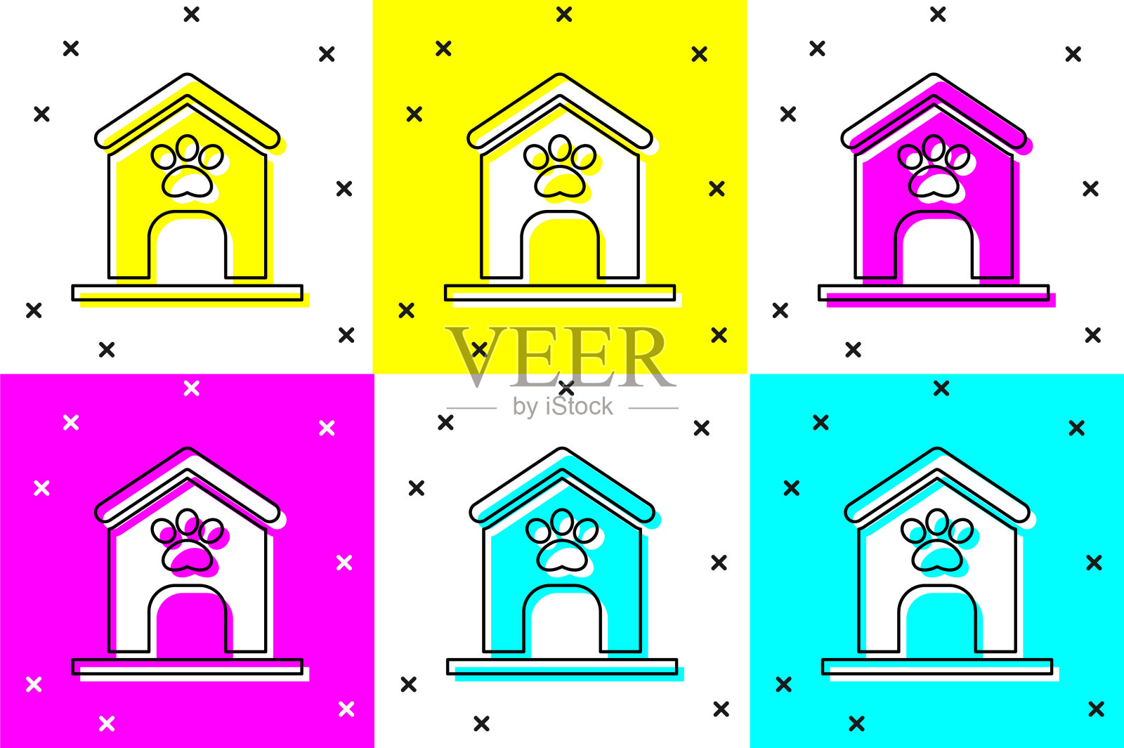 设置狗屋和爪印宠物图标孤立的颜色背景。狗窝。向量插画图片素材