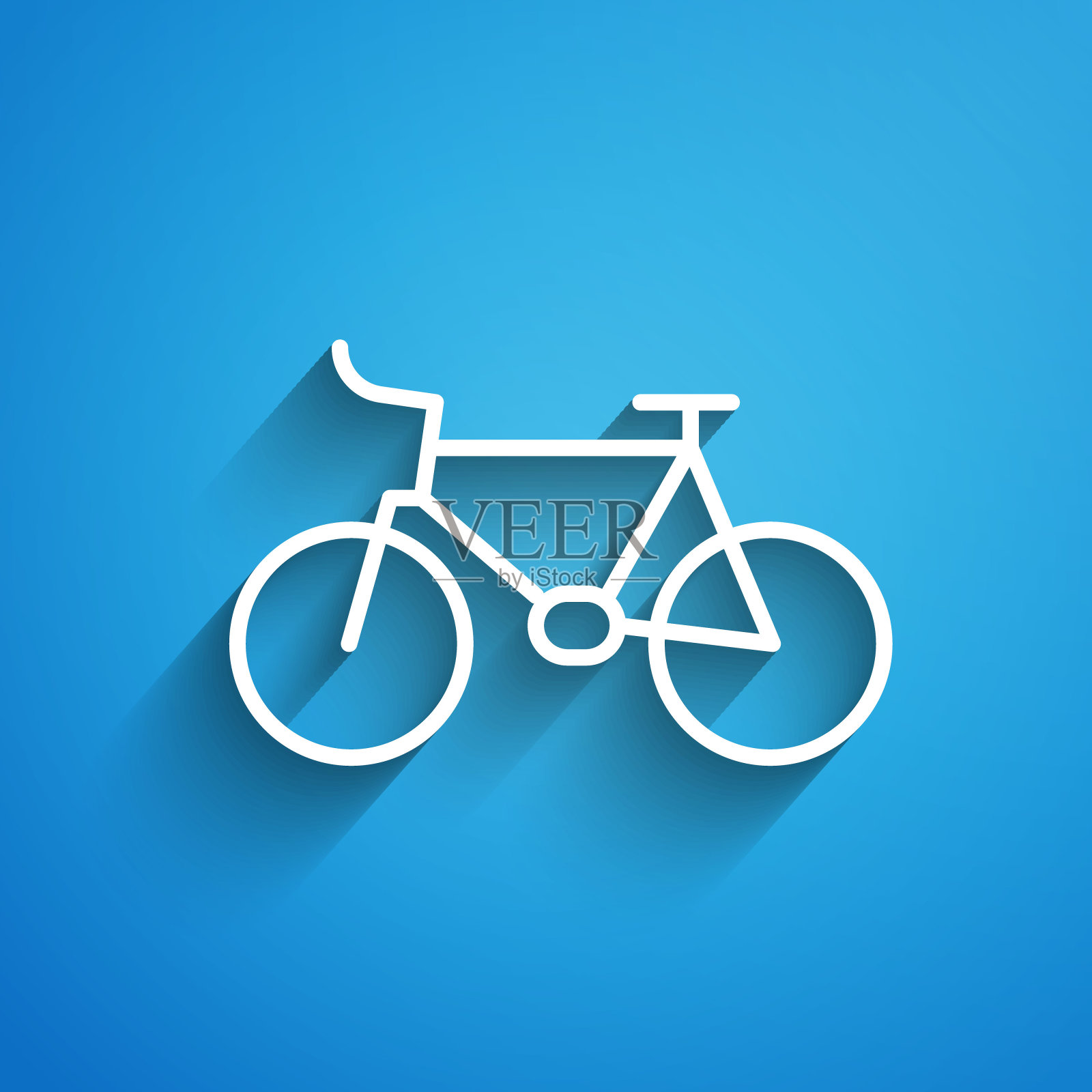 白色线条自行车图标，蓝色背景。长阴影矢量图图标素材