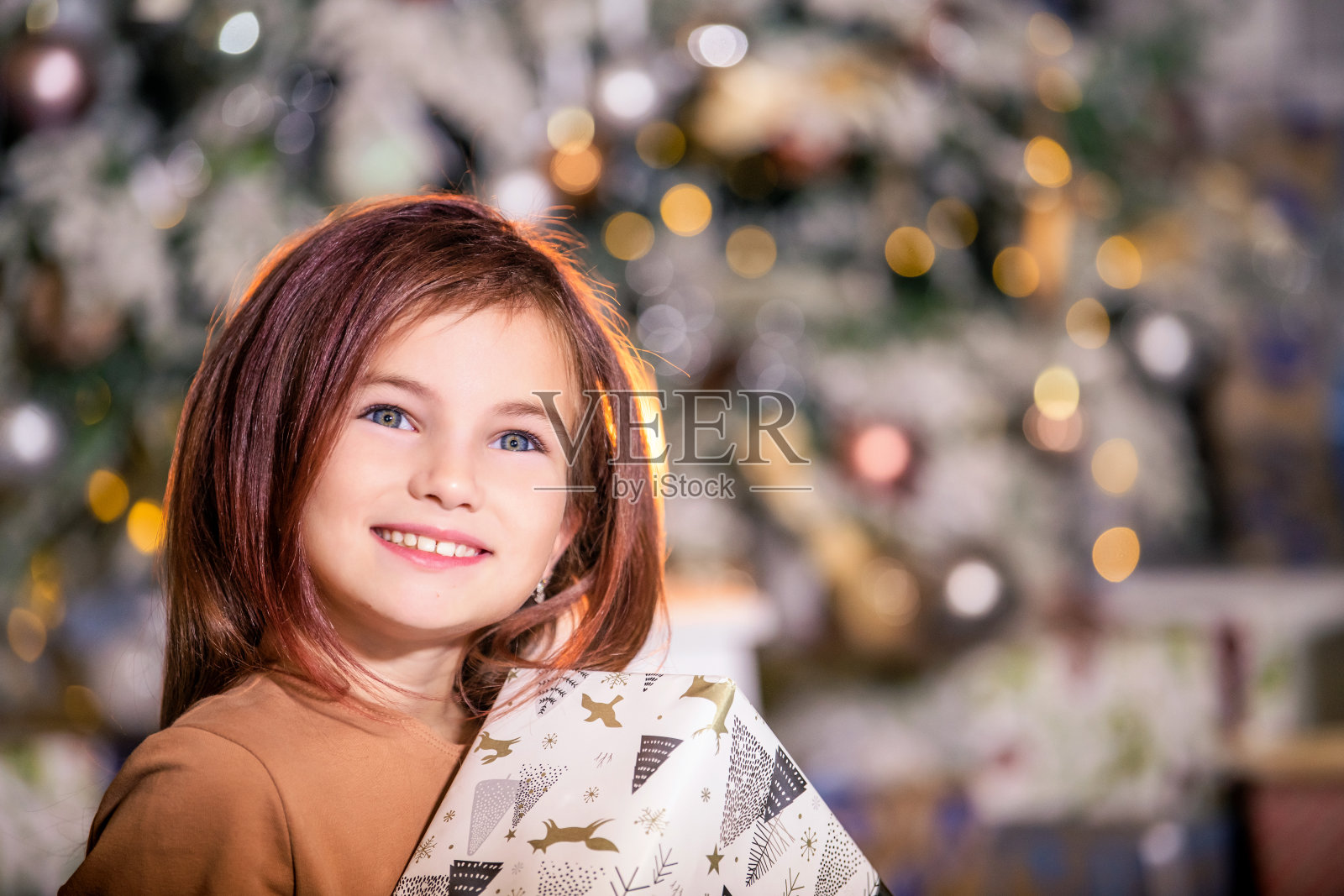 一个微笑的女孩的肖像与一个狡猾的计划的背景与圣诞树在她的手中的礼物。照片摄影图片