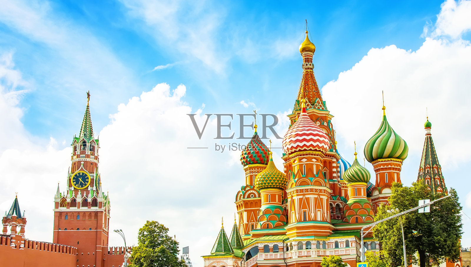 莫斯科克里姆林宫和圣巴西尔大教堂全景，俄罗斯照片摄影图片