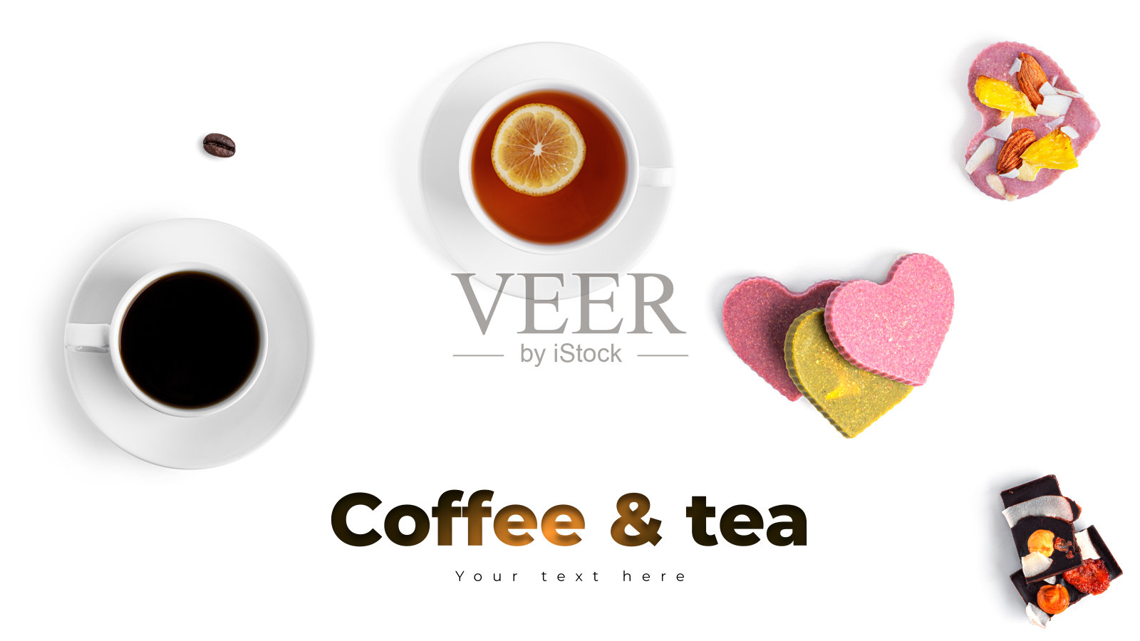 白色背景上的咖啡，茶和生巧克力。长标题横幅格式。全景网站标题横幅照片摄影图片