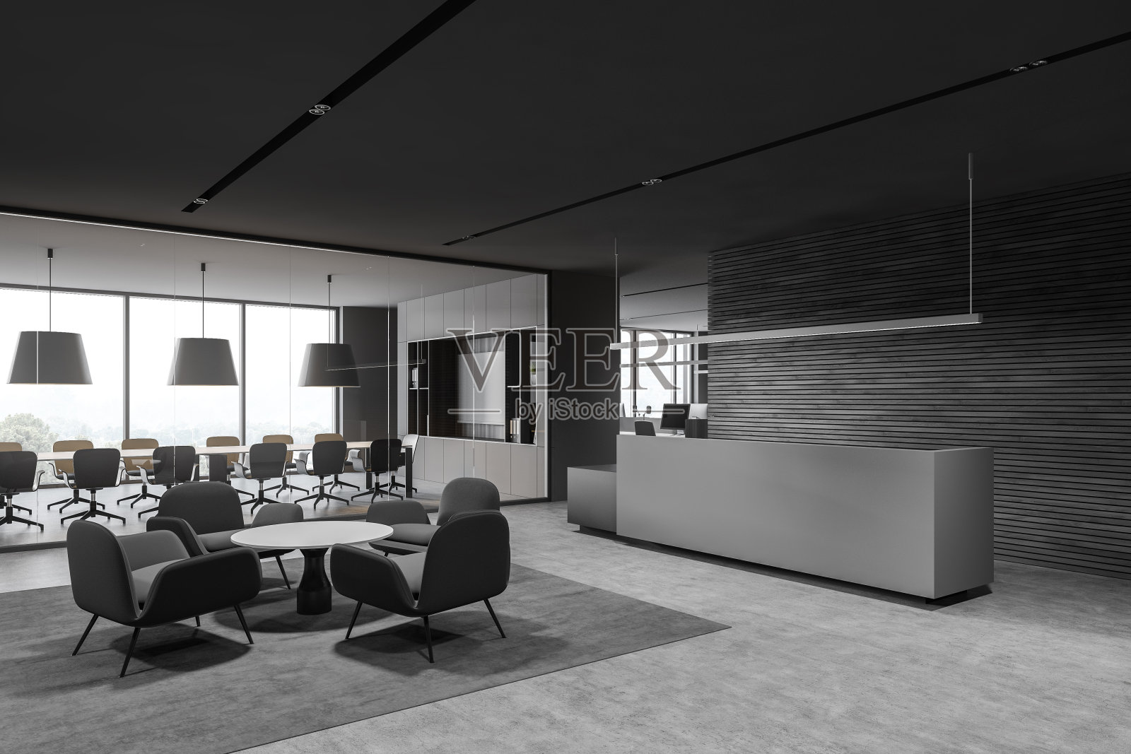 时尚的灰色和木质办公室等候室角落照片摄影图片