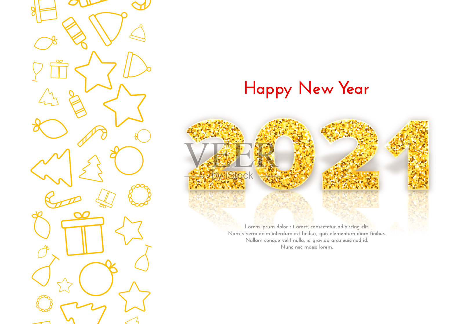 金色数字2021与反射和阴影在白色背景。带有传统图标的节日礼品卡新年快乐。庆典装饰。向量模板说明插画图片素材