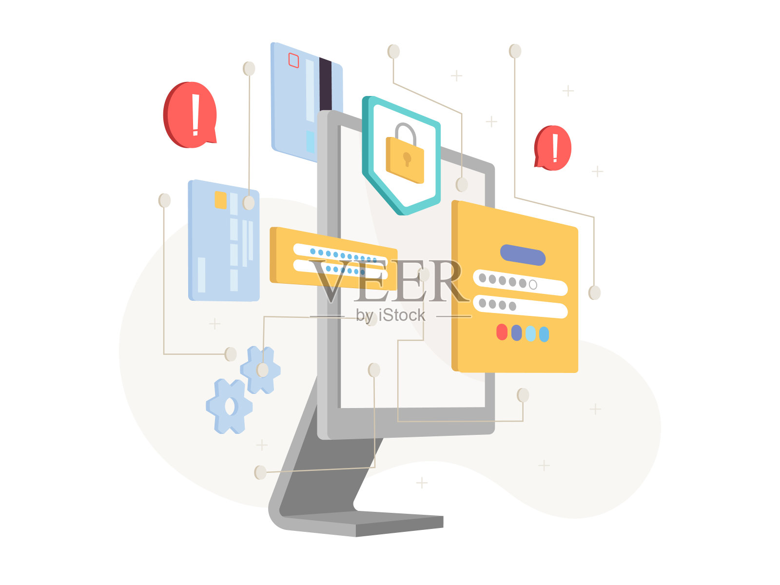 计算机显示和数据保护与安全图标隔离的网络安全概念。矢量获取个人信息隐私、锁和密码、警示标志。人身份验证插画图片素材