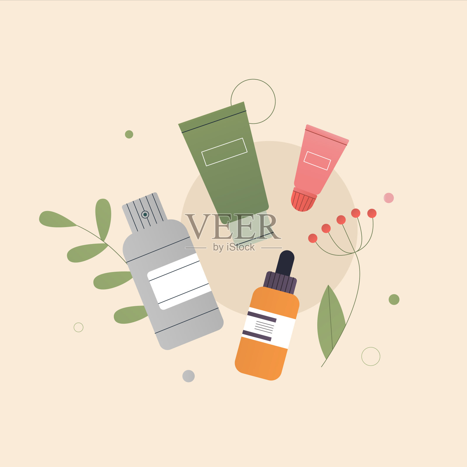 有机天然化妆品成分的概念。装在玻璃里的乳液，油，霜，磨砂膏，血清。背景上是绿叶、植物、热带树叶。平面风格矢量插图。设计元素图片