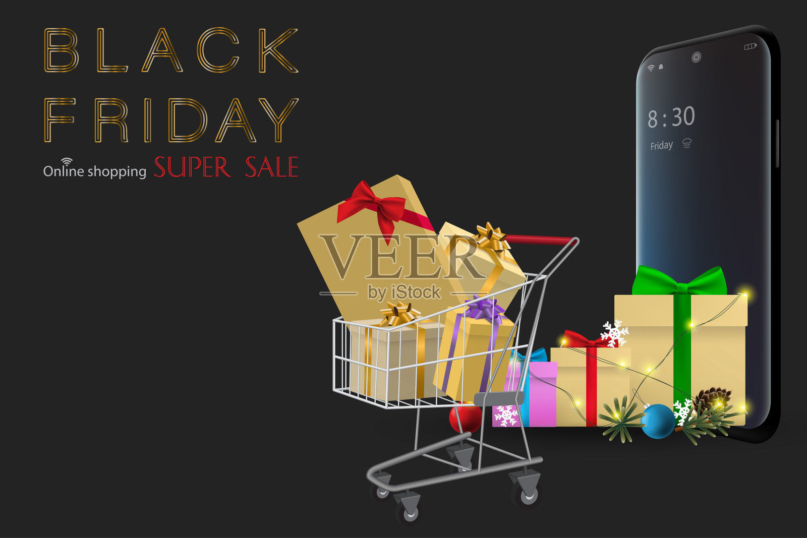 黑色星期五网上购物概念由手机购物车礼盒蝴蝶结或彩色丝带和文字黑色星期五超级销售网上购物的黑色背景。向量(网格工具)。设计模板素材