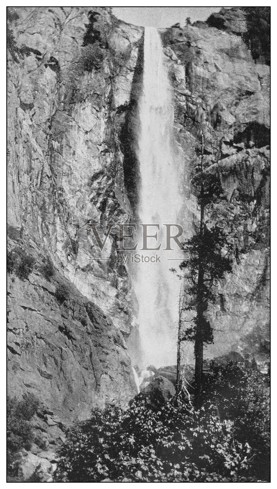 美国古董黑白照片:新娘面纱瀑布，约塞米蒂照片摄影图片