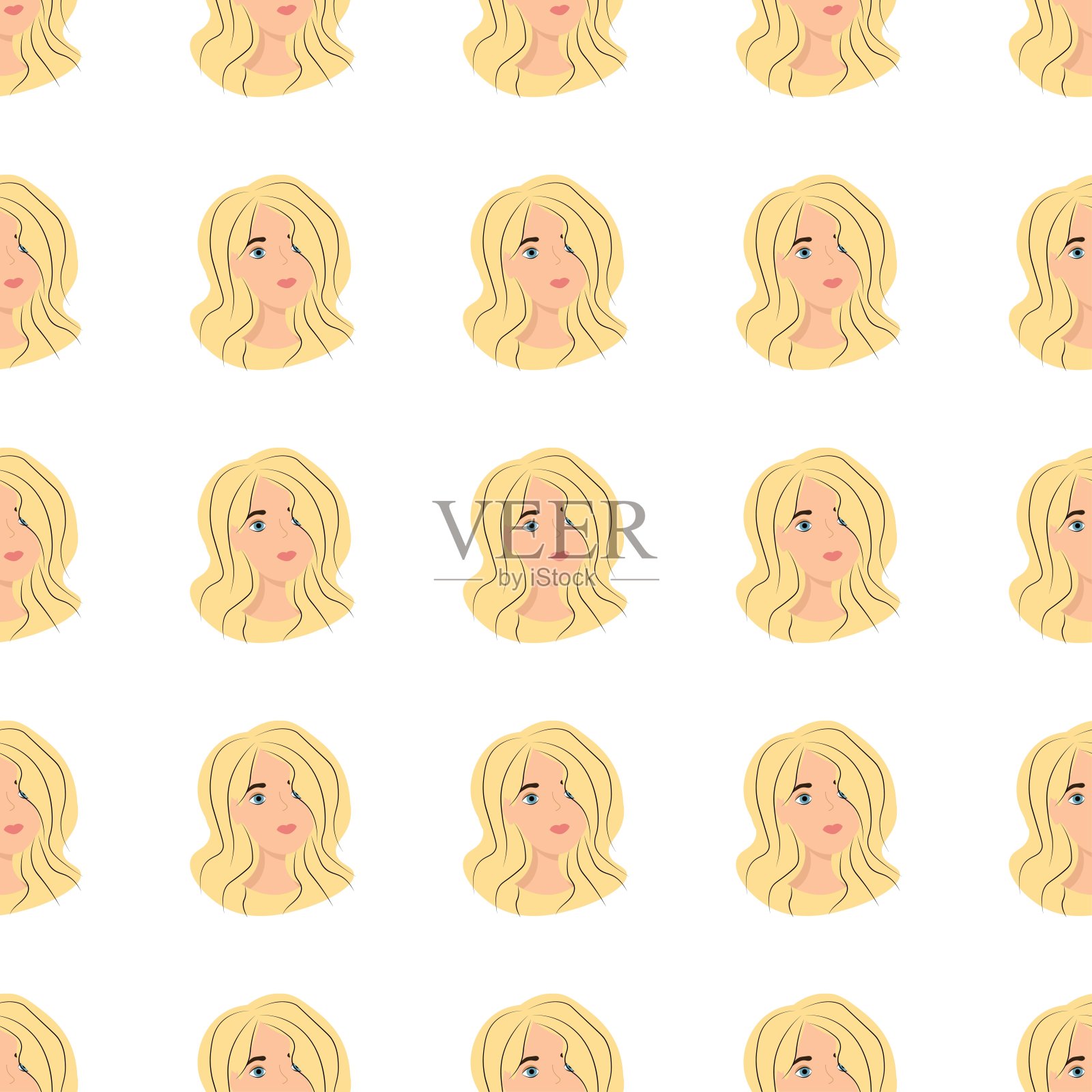 无缝模式与化身的时尚女孩在一个白色的背景。一个年轻女人的侧面在前面，一个扁平的风格。卡通快乐的人们在放松中面对。
股票矢量图插画图片素材