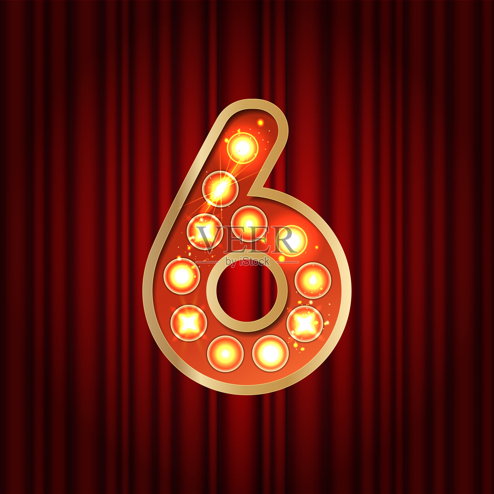 现实复古金灯泡字体数字6。部分字母，老式赌场和老虎机风格。矢量发光符号的字母与金色的光和火花在红色窗帘的背景显示风格插画图片素材